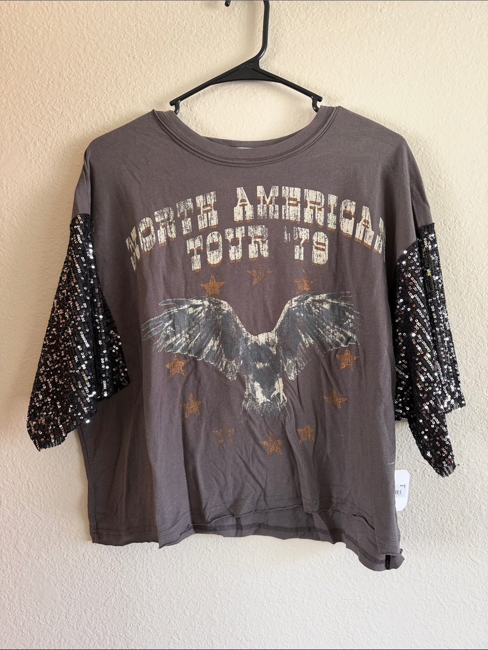 Altar'd State Charcoal Eagle Tee with Black Sequin Sleeves